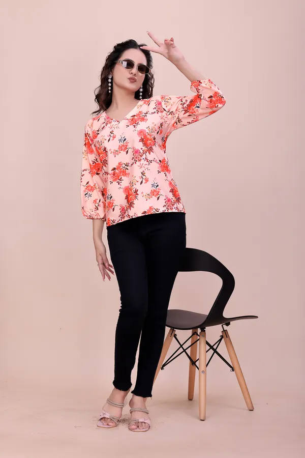 Light_Orange_Classic_Coral_Garden_Three-Quarter_Sleeve_Top_Tunic_For_Women