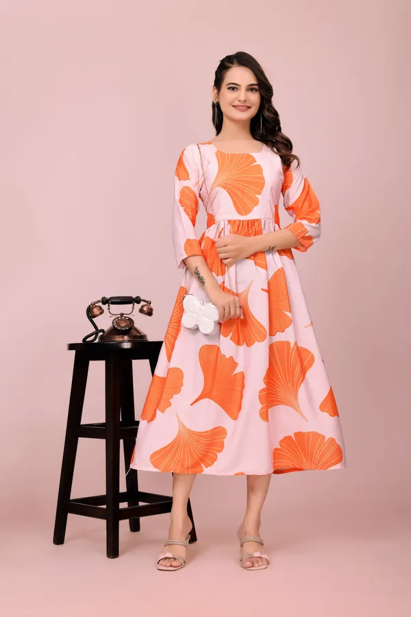 Orange_Soft_Petal_&_Leaf_Rayon_Dress_Western_Gown_For_Women