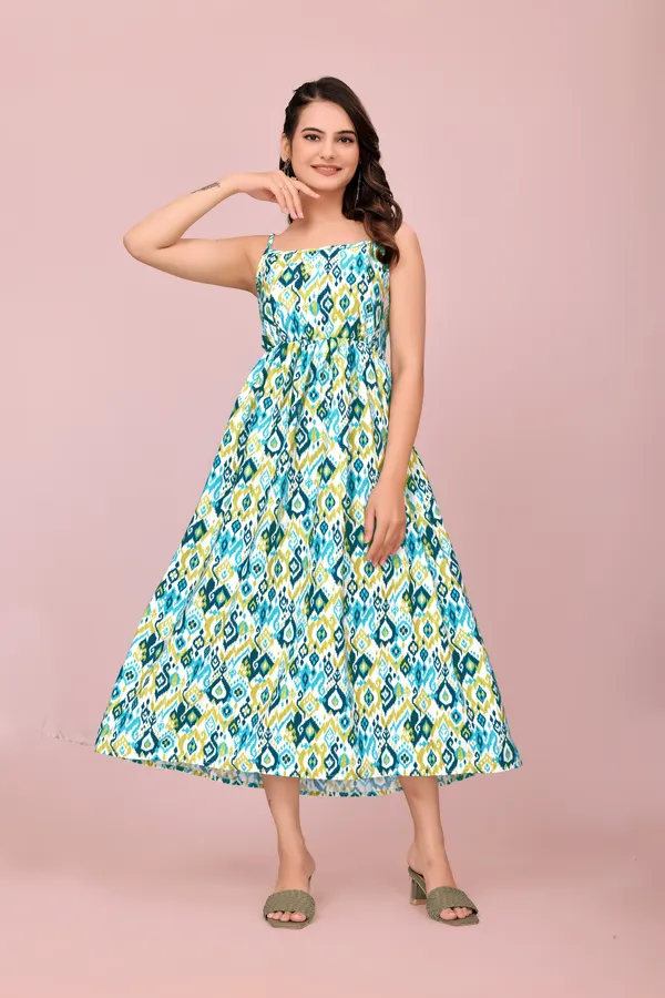 Multicolor_Turquoise_and_Lime_Ikat_Print_Rayon_Dress_with_Adjustable_Straps_Western_Gown_For_Women