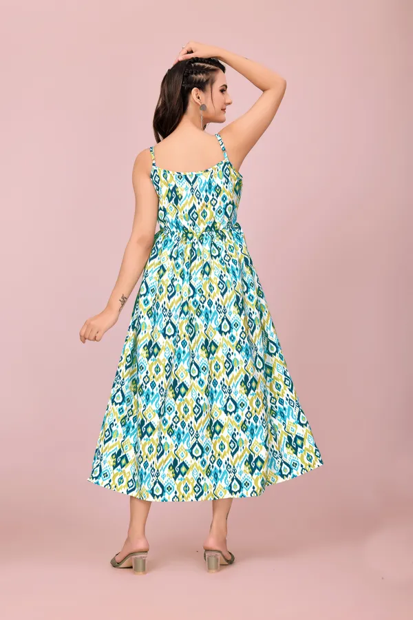 Multicolor_Turquoise_and_Lime_Ikat_Print_Rayon_Dress_with_Adjustable_Straps_Western_Gown_For_Women