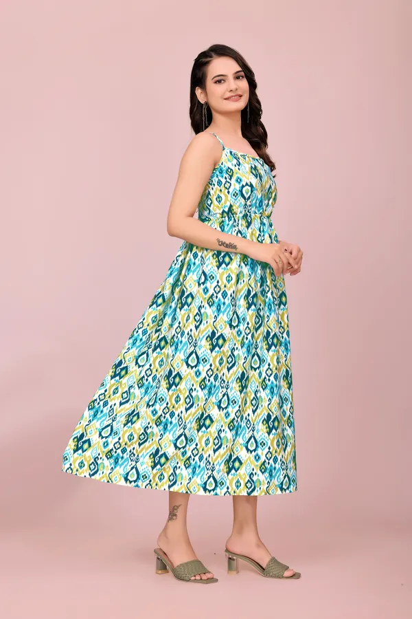 Multicolor_Turquoise_and_Lime_Ikat_Print_Rayon_Dress_with_Adjustable_Straps_Western_Gown_For_Women
