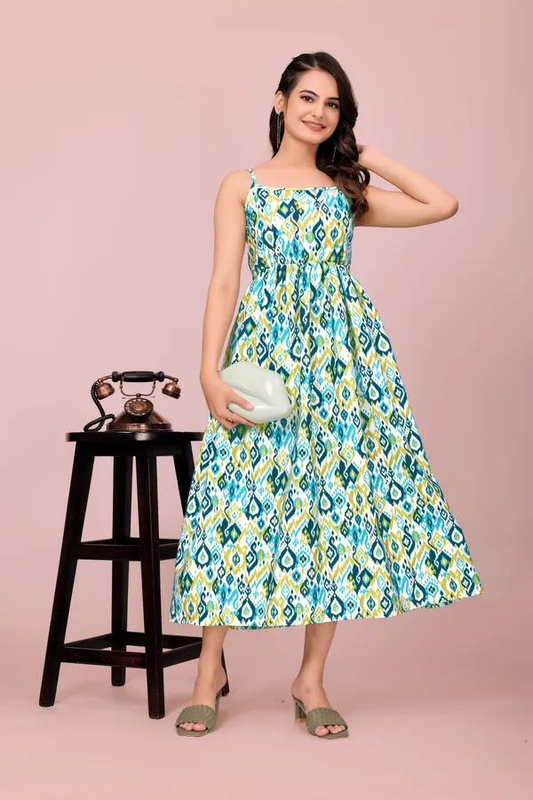 Multicolor_Turquoise_and_Lime_Ikat_Print_Rayon_Dress_with_Adjustable_Straps_Western_Gown_For_Women
