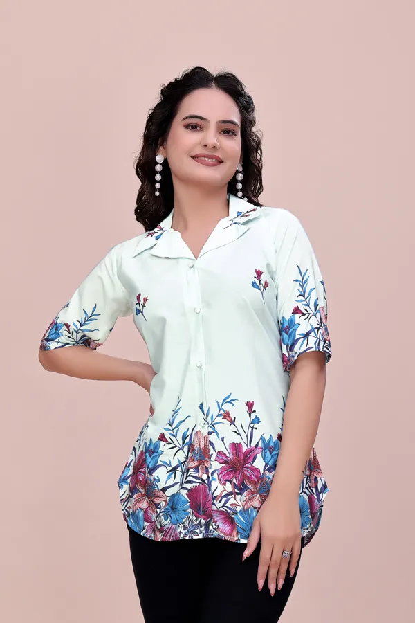 Lightblue_Mint_Floral_Button-Down_Rayon_Top_Tunic_For_Women