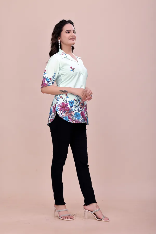 Lightblue_Mint_Floral_Button-Down_Rayon_Top_Tunic_For_Women