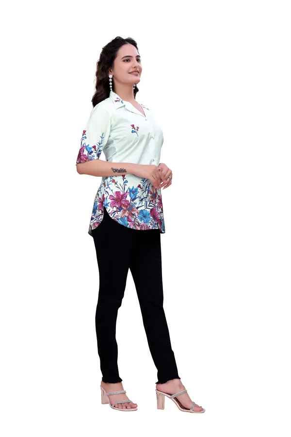 Lightblue_Mint_Floral_Button-Down_Rayon_Top_Tunic_For_Women