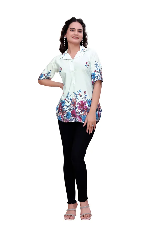 Lightblue_Mint_Floral_Button-Down_Rayon_Top_Tunic_For_Women