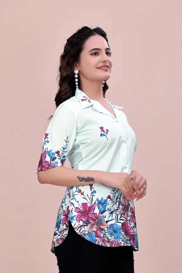 Lightblue_Mint_Floral_Button-Down_Rayon_Top_Tunic_For_Women