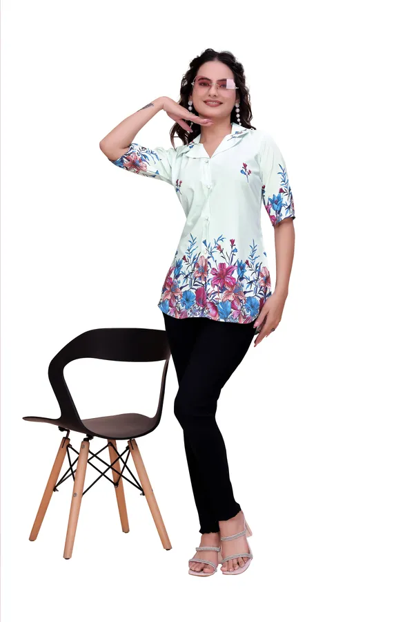 Lightblue_Mint_Floral_Button-Down_Rayon_Top_Tunic_For_Women
