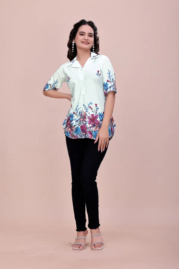 Lightblue_Mint_Floral_Button-Down_Rayon_Top_Tunic_For_Women