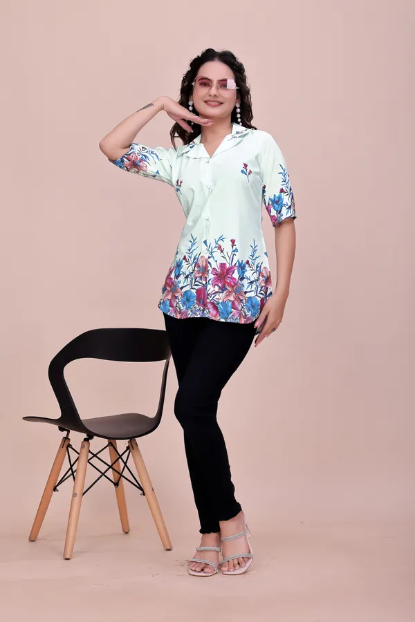 Lightblue_Mint_Floral_Button-Down_Rayon_Top_Tunic_For_Women