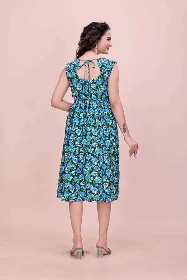 Blue_Sleeveless_Fit_&_Flare_Rayon_Dress_in_Deep_Botanical_Print_Western_Gown_For_Women