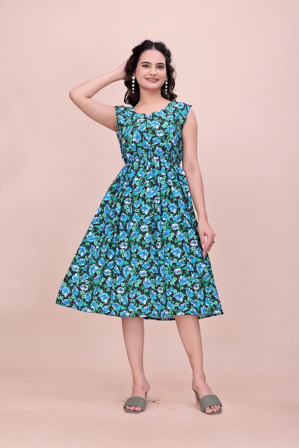 Blue_Sleeveless_Fit_&_Flare_Rayon_Dress_in_Deep_Botanical_Print_Western_Gown_For_Women