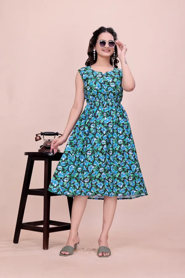 Blue_Sleeveless_Fit_&_Flare_Rayon_Dress_in_Deep_Botanical_Print_Western_Gown_For_Women