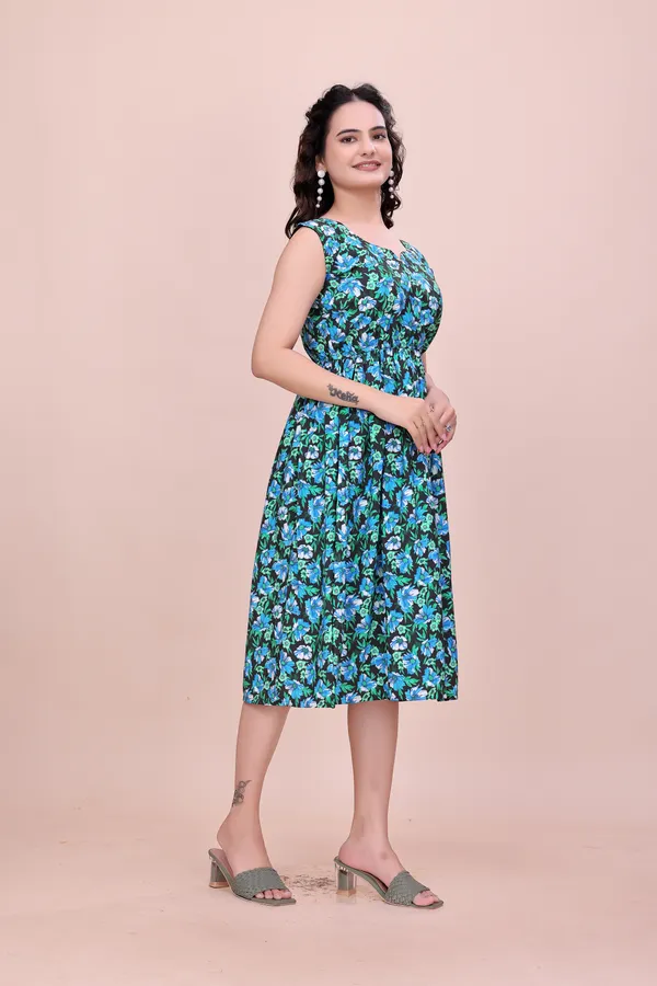 Blue_Sleeveless_Fit_&_Flare_Rayon_Dress_in_Deep_Botanical_Print_Western_Gown_For_Women