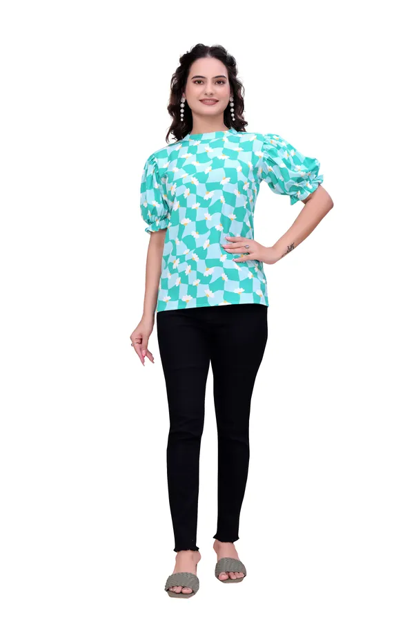 Blue_Sweet_Daisy_Checkered_Rayon_Top_Tunic_For_Women