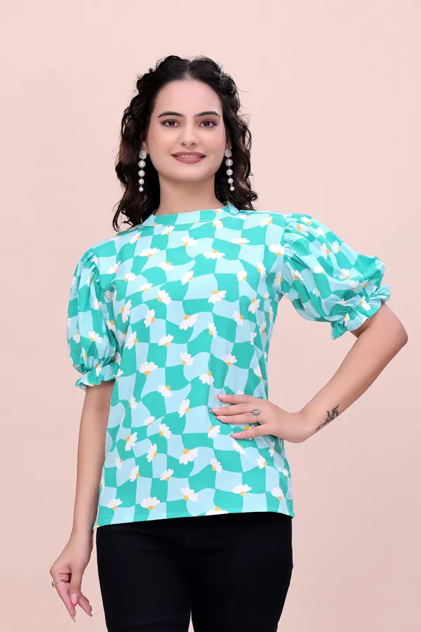 Blue_Sweet_Daisy_Checkered_Rayon_Top_Tunic_For_Women