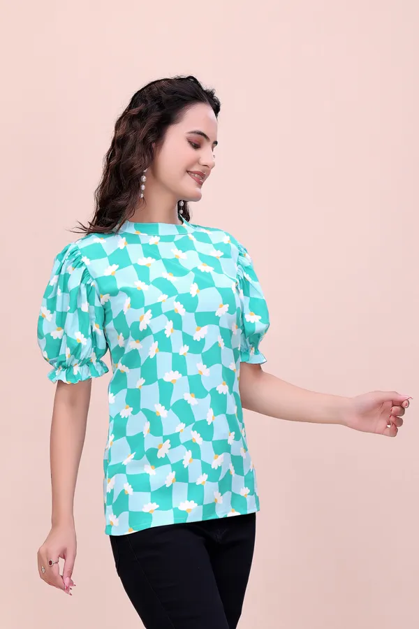 Blue_Sweet_Daisy_Checkered_Rayon_Top_Tunic_For_Women
