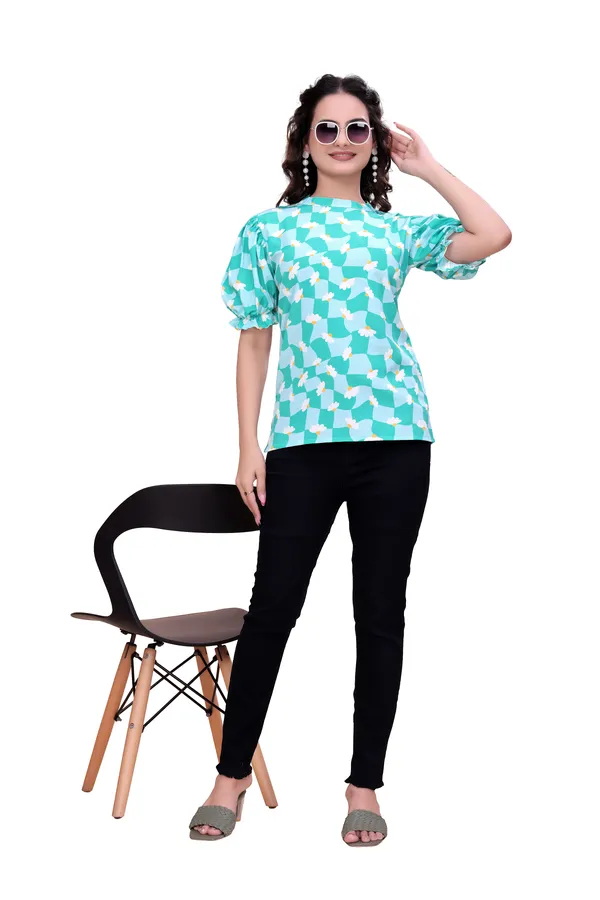 Blue_Sweet_Daisy_Checkered_Rayon_Top_Tunic_For_Women