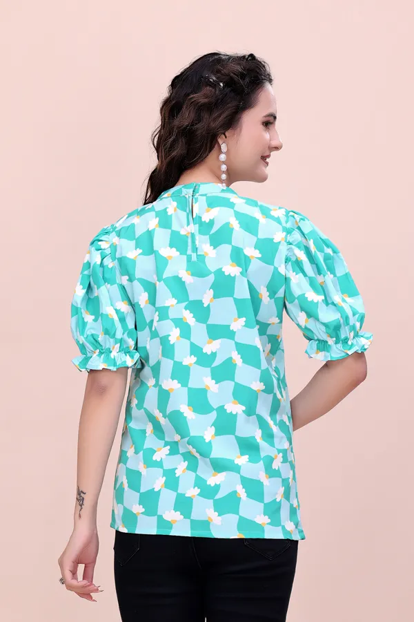 Blue_Sweet_Daisy_Checkered_Rayon_Top_Tunic_For_Women