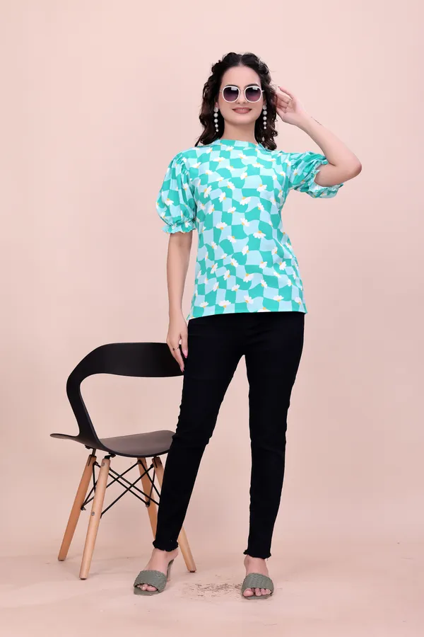Blue_Sweet_Daisy_Checkered_Rayon_Top_Tunic_For_Women