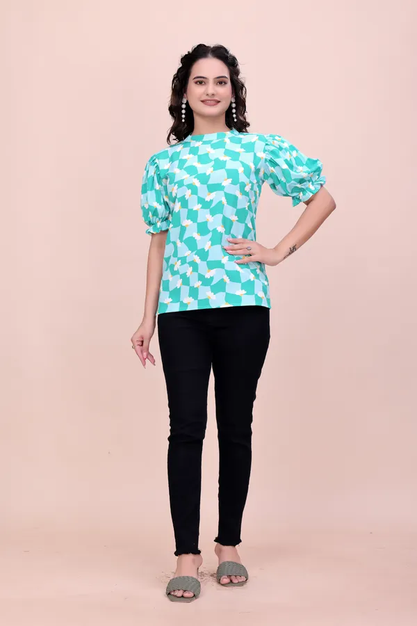 Blue_Sweet_Daisy_Checkered_Rayon_Top_Tunic_For_Women