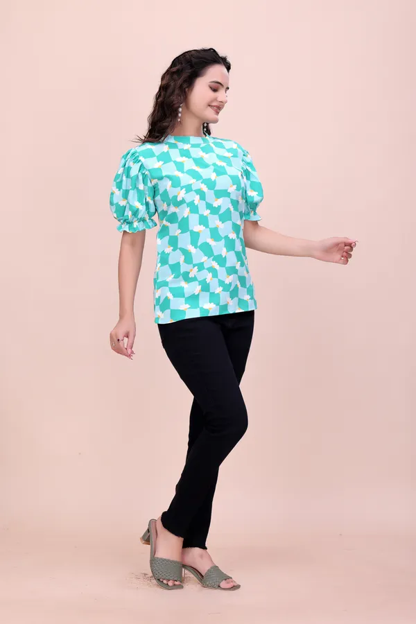 Blue_Sweet_Daisy_Checkered_Rayon_Top_Tunic_For_Women