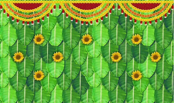 Multicolour_Polyester_Banana_Leaf_Marigold_Flower_Backdrop_Cloth_For_Festival_/_Pooja_|_5*8