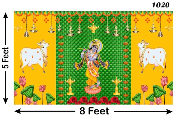 Green_Polyester_Two_Cow_Chatiya_Shree_Krishna_Backdrop_Cloth_For_Festival_/_Pooja_|_5*8