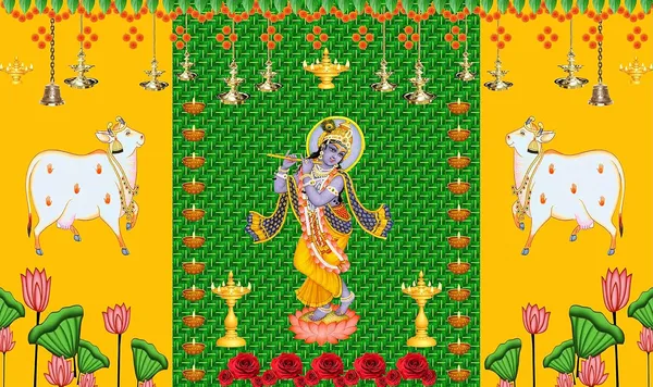 Green_Polyester_Two_Cow_Chatiya_Shree_Krishna_Backdrop_Cloth_For_Festival_/_Pooja_|_5*8
