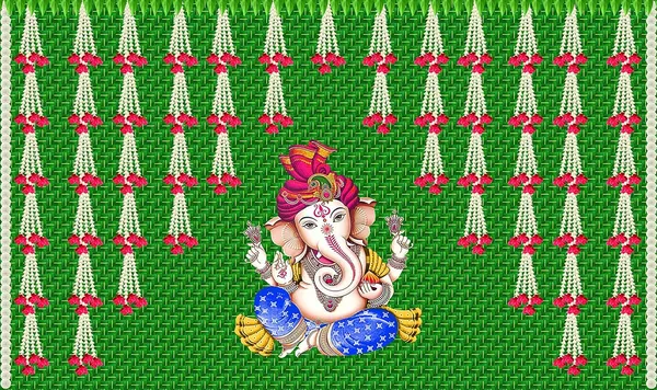 Green_Polyester_Chatiya_Hanging_Flower_Ganesh_Backdrop_Cloth_For_Festival_/_Pooja_|_5*8