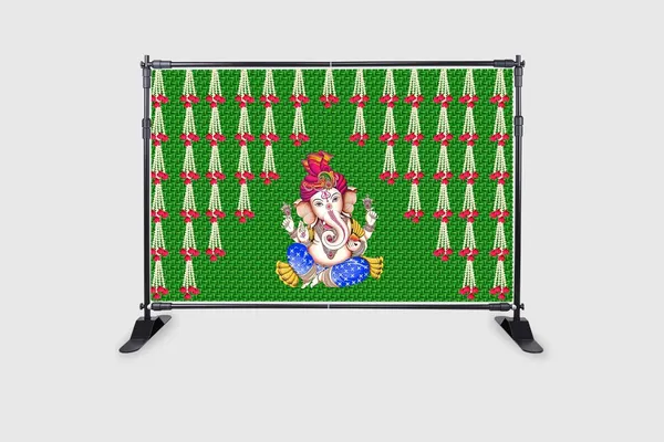 Green_Polyester_Chatiya_Hanging_Flower_Ganesh_Backdrop_Cloth_For_Festival_/_Pooja_|_5*8
