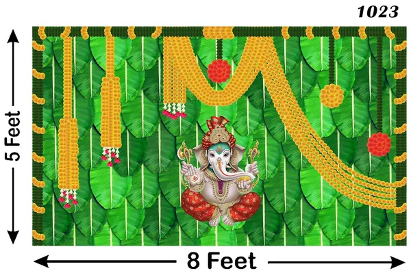 Multicolour_Polyester_Banana_Leaf_Marigold_Flower_Ganesh_Backdrop_Cloth_For_Festival_/_Pooja_|_5*8