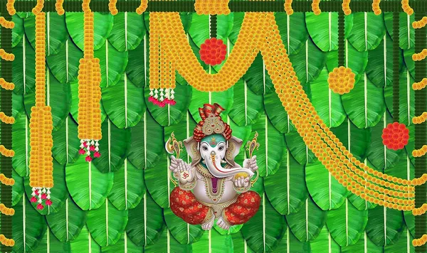 Multicolour_Polyester_Banana_Leaf_Marigold_Flower_Ganesh_Backdrop_Cloth_For_Festival_/_Pooja_|_5*8