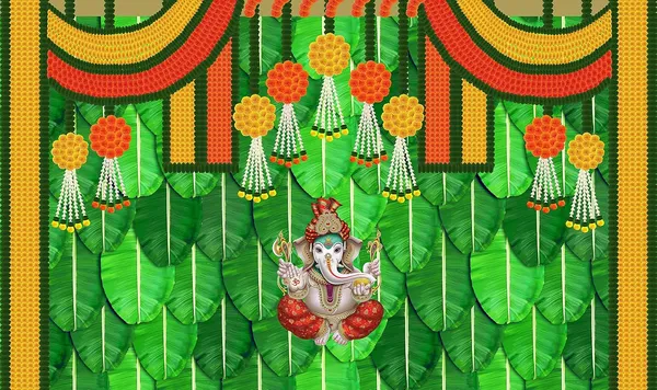 Multicolour_Polyester_Banana_Leaf_Hanging_Marigold_Flower_Ganesh_Backdrop_Cloth_For_Festival_/_Pooja_|_5*8