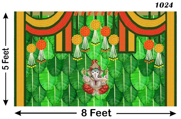 Multicolour_Polyester_Banana_Leaf_Hanging_Marigold_Flower_Ganesh_Backdrop_Cloth_For_Festival_/_Pooja_|_5*8