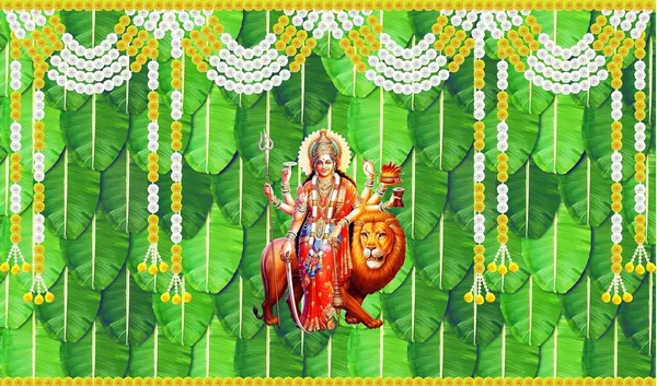 Multicolour_Polyester_Banana_Leaf_Garland_Durga_Mata_Backdrop_Cloth_For_Festival_/_Pooja_|_5*8