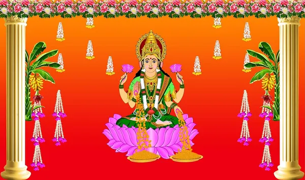 Multicolour_Polyester_Banana_Tree_Goddess_Lakshmi_Maa_Backdrop_Cloth_For_Festival_/_Pooja_|_5*8