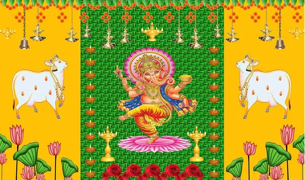 Multicolour_Polyester_Weaved_Coconut_Leaf_Diyas_Cows_Ganesh_Backdrop_Cloth_For_Festival_/_Pooja_|_5*8