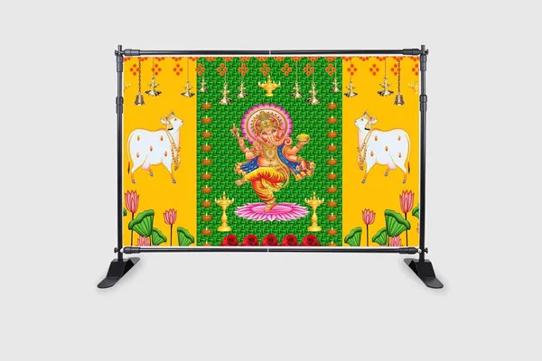 Multicolour_Polyester_Weaved_Coconut_Leaf_Diyas_Cows_Ganesh_Backdrop_Cloth_For_Festival_/_Pooja_|_5*8