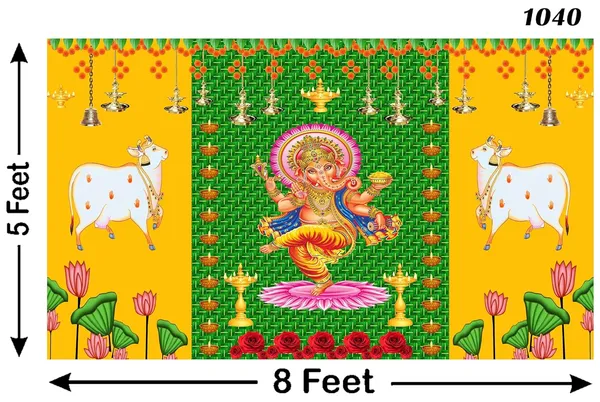Multicolour_Polyester_Weaved_Coconut_Leaf_Diyas_Cows_Ganesh_Backdrop_Cloth_For_Festival_/_Pooja_|_5*8