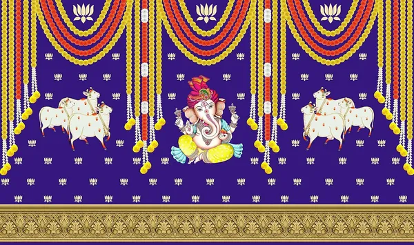 Multicolour_Polyester_Marigold_Lotus_Flower_Cows_Ganesh_Backdrop_Cloth_For_Festival_/_Pooja_|_5*8