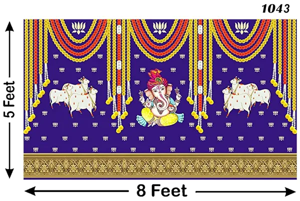 Multicolour_Polyester_Marigold_Lotus_Flower_Cows_Ganesh_Backdrop_Cloth_For_Festival_/_Pooja_|_5*8