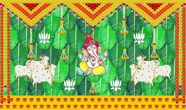 Multicolour_Polyester_Banana_Leaf_Lotus_Flower_Cows_Ganeshji_Backdrop_Cloth_For_Festival_/_Pooja_|_5*8