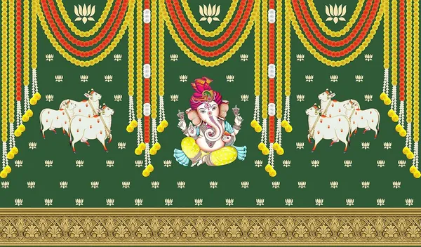 Multicolour_Polyester_Marigold_Lotus_Flower_Cows_Ganesh_Backdrop_Cloth_For_Festival_/_Pooja_|_5*8
