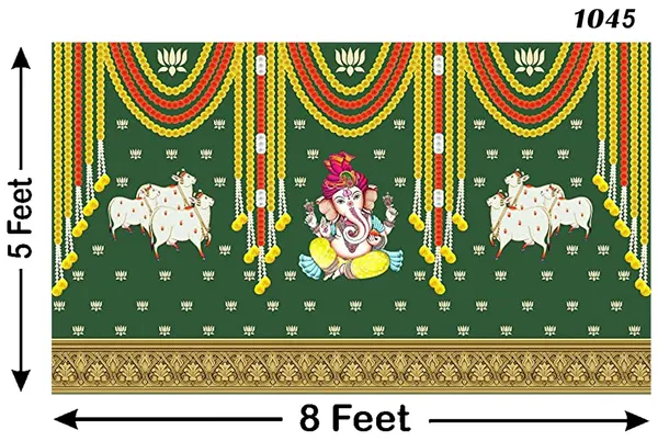 Multicolour_Polyester_Marigold_Lotus_Flower_Cows_Ganesh_Backdrop_Cloth_For_Festival_/_Pooja_|_5*8