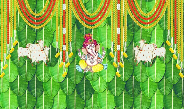 Multicolour_Polyester_Banana_Leaf_Marigold_Flower_Cow_Ganeshji_Backdrop_Cloth_For_Festival_/_Pooja_|_5*8