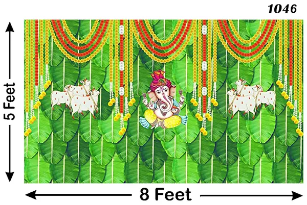 Multicolour_Polyester_Banana_Leaf_Marigold_Flower_Cow_Ganeshji_Backdrop_Cloth_For_Festival_/_Pooja_|_5*8
