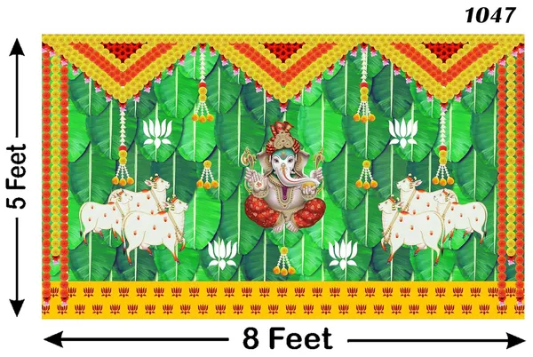 Multicolour_Polyester_Banana_Leaf_Lotus_Flower_Cows_Ganesh_Backdrop_Cloth_For_Festival_/_Pooja_|_5*8