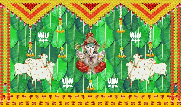Multicolour_Polyester_Banana_Leaf_Lotus_Flower_Cows_Ganesh_Backdrop_Cloth_For_Festival_/_Pooja_|_5*8