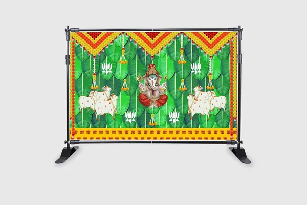 Multicolour_Polyester_Banana_Leaf_Lotus_Flower_Cows_Ganesh_Backdrop_Cloth_For_Festival_/_Pooja_|_5*8